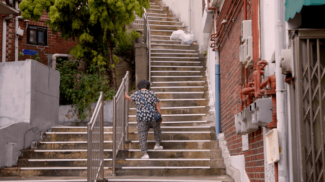An elderly woman climbing outdoor stairs