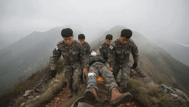 Soldiers carrying an injured comrade on a mountain trail