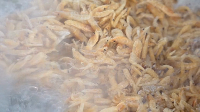 Dried shrimp in boiling water