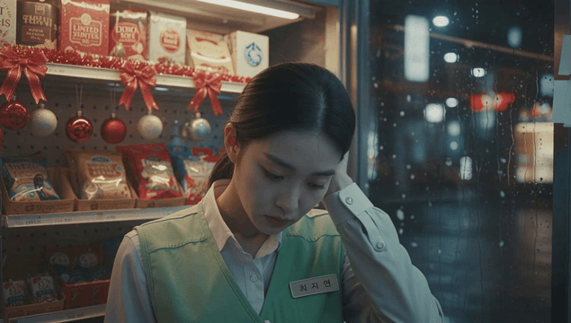 크리스마스 과자 가게에서 우울한 젊은 여성 점원