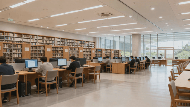 People using computers in modern library