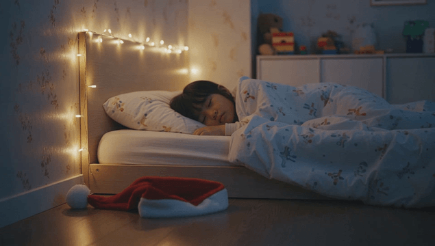 산타 모자와 침대에서 평화롭게 잠든 아이