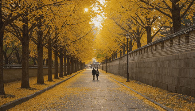 Couple walking on an autumn trail beside a wall