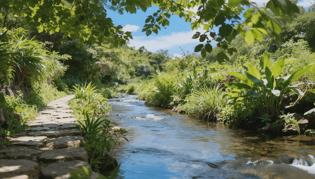 푸른 녹지 사이로 햇살 비치는 계곡물