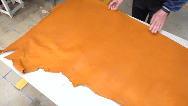 Worker inspecting large leather sheet