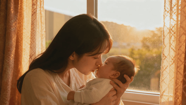 Mother holding her baby by the sunlit window