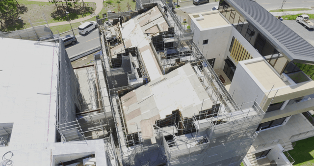 Construction site with scaffolding and materials