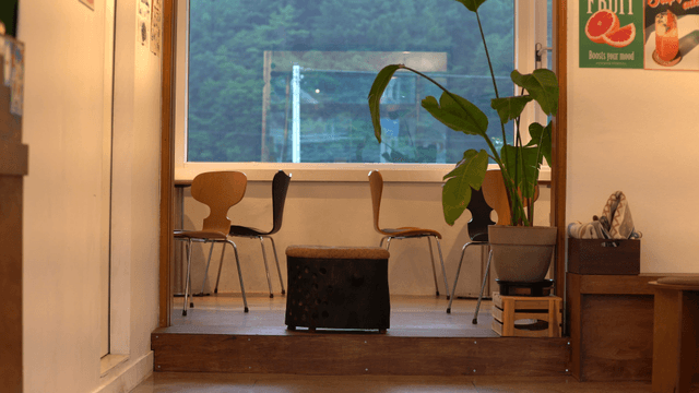 Cozy cafe interior with a view of the forest