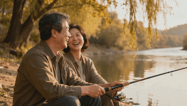 A couple enjoying fishing by the river