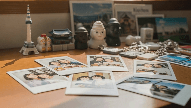 Family photos and local souvenirs on a sunlit desk