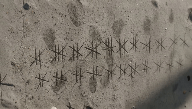 콘크리트 벽에 새겨진 날짜 표시 자국들