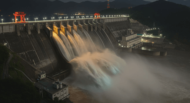 A dam releasing water at night