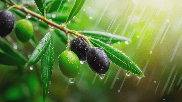 Olives on a branch with raindrops