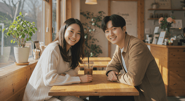 A couple enjoying coffee in a cozy cafe