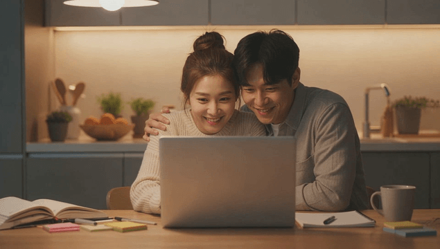 Couple using laptop together at home