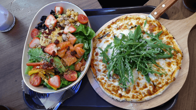 Strawberry salmon avocado salad with margherita pizza