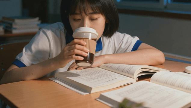 Short-haired student studying at night school with a cup of coffee