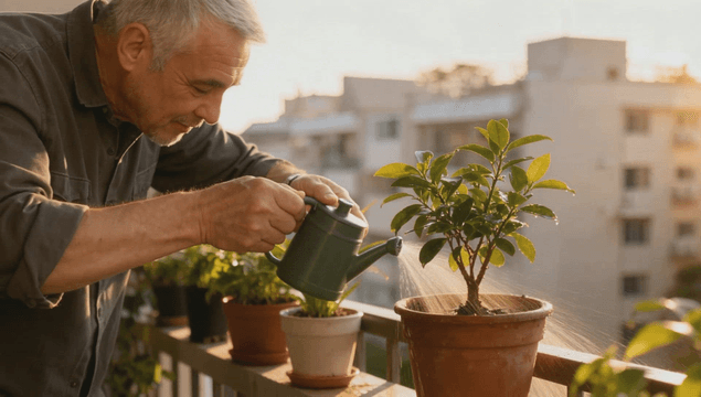 Senior man watering plants on sunlit balcony