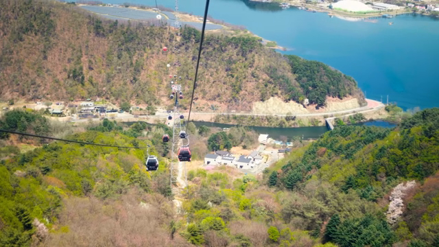 Cable cars over a scenic mountain landscape