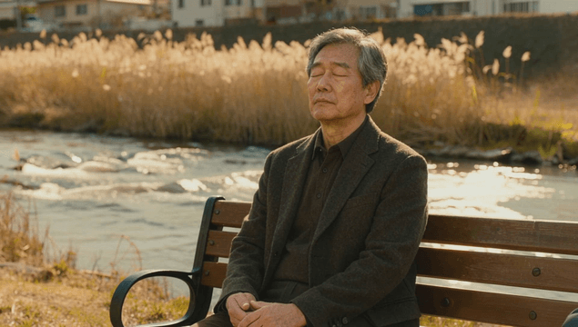 Elderly man sitting by a riverside bench