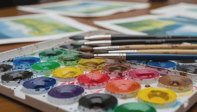 Colorful watercolor paints and brushes