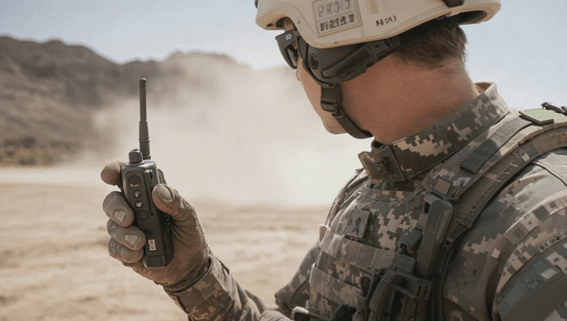 Soldier communicating via radio in desert