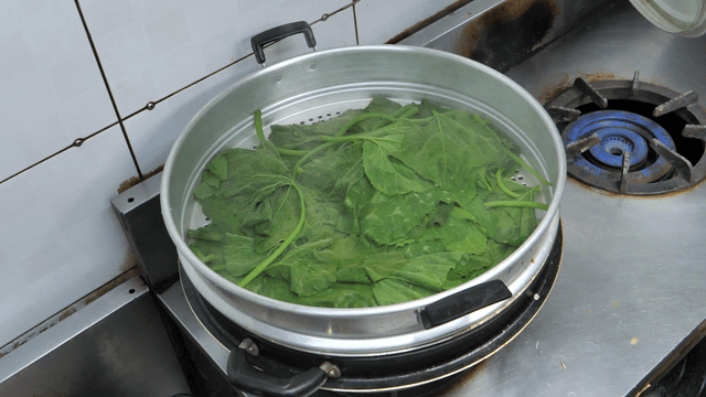 Pumpkin leaves steamed in a steamer