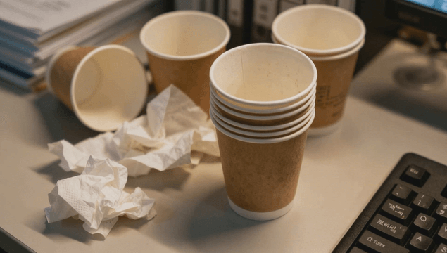 종이컵과 구겨진 휴지가 있는 사무 책상