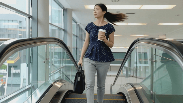 커피를 들고 에스컬레이터에서 올라오는 여성