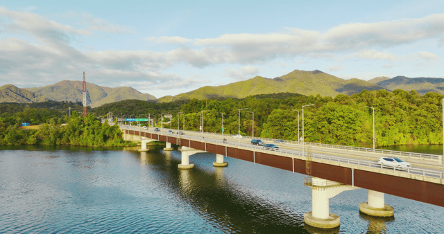 Bridge over a river with mountains