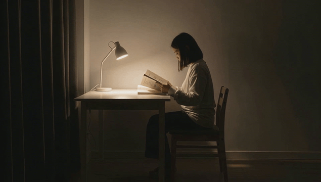 어두운 방 램프 아래에서 집중해서 책을 읽는 여성