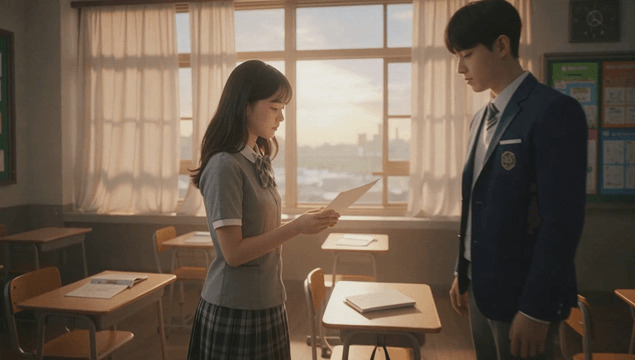 방과후 해질녘 교실에서 종이를 읽는 남녀학생