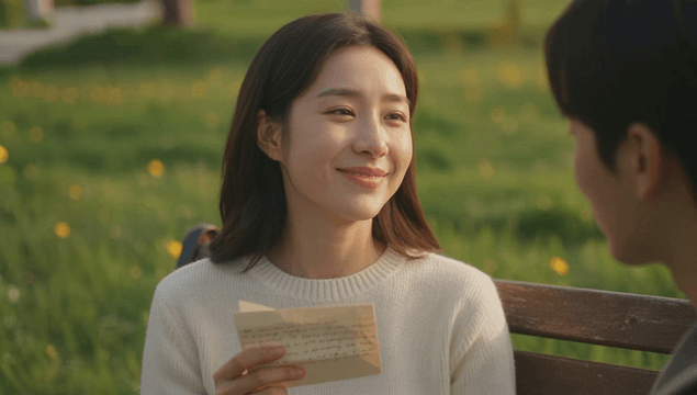 Happy woman reading letter on park bench during date