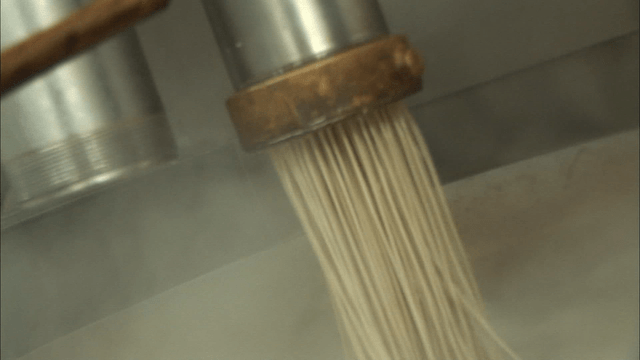 Noodles being extruded from a machine