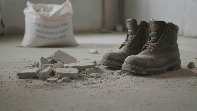 Construction boots and rubble on the construction site floor