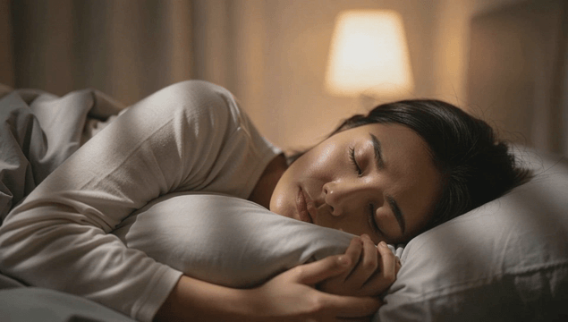 Woman peacefully sleeping in bed while hugging a pillow