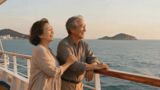 Elderly couple enjoying a sunset cruise