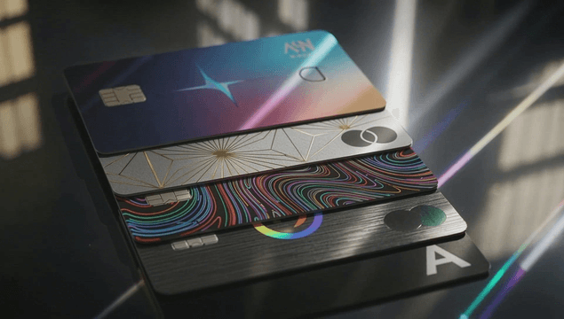 Stack of assorted colorful credit cards