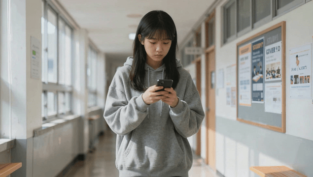 Student walking down school hallway looking at smartphone