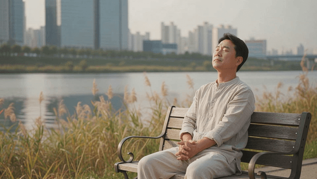 Man resting on bench in riverside park