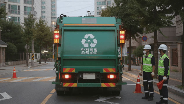 Garbage truck and sanitation worker on street