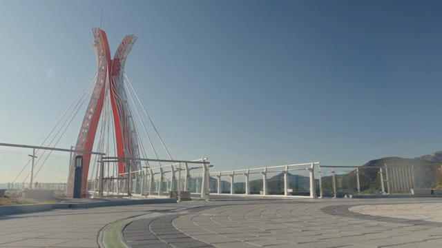 Modern observation deck with a red structure