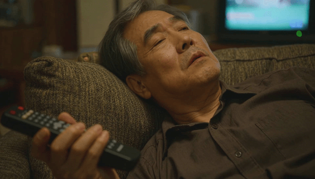 Elderly man falling asleep on the sofa with a remote control