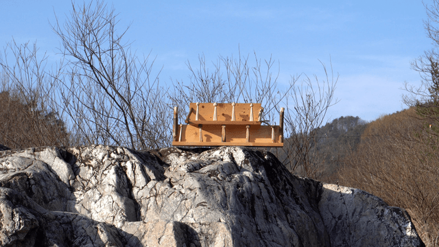 Wooden shelf on a rock before bare trees