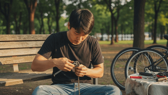 Man repairing a bicycle chain in a park