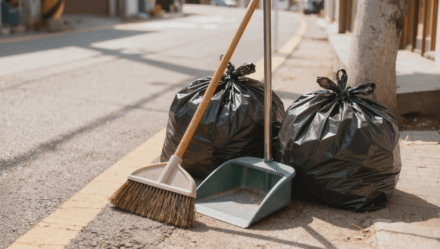 Street broom, dustpan, and trash bag