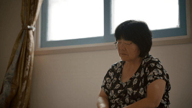 An elderly woman sitting quietly indoors