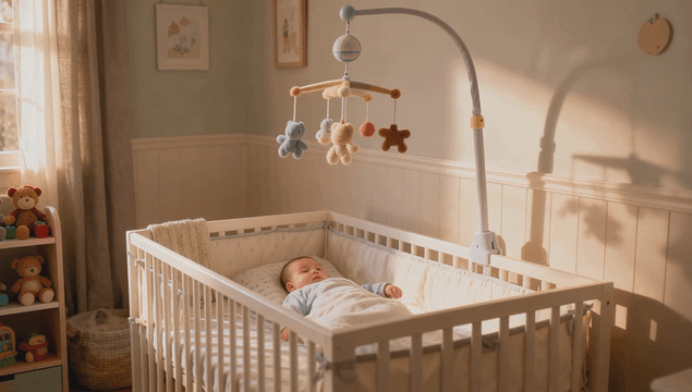 Baby peacefully sleeping in a crib