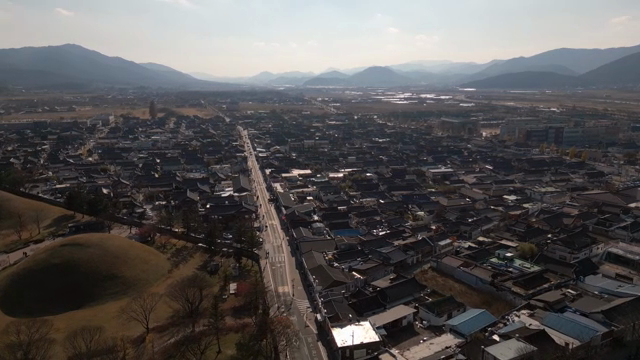 Traditional Korean village with mountains