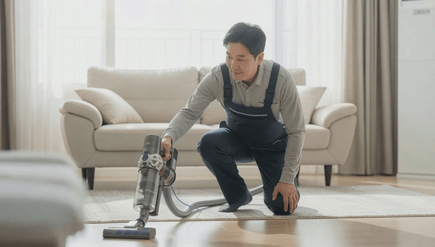 Cleaning professional vacuuming the living room carpet